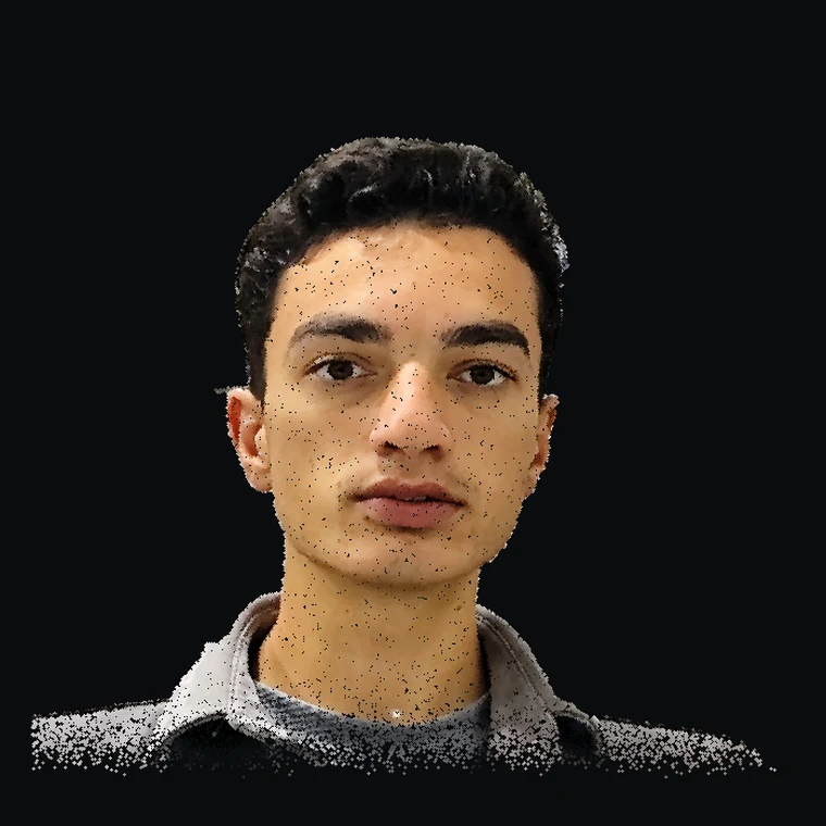 Point-cloud portrait of Adem Batur built from a photo with monocular depth estimation